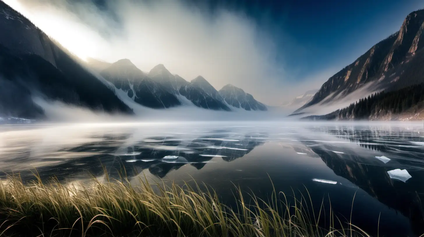 Serene Mountain Lake with Misty Fog and Frozen Ice