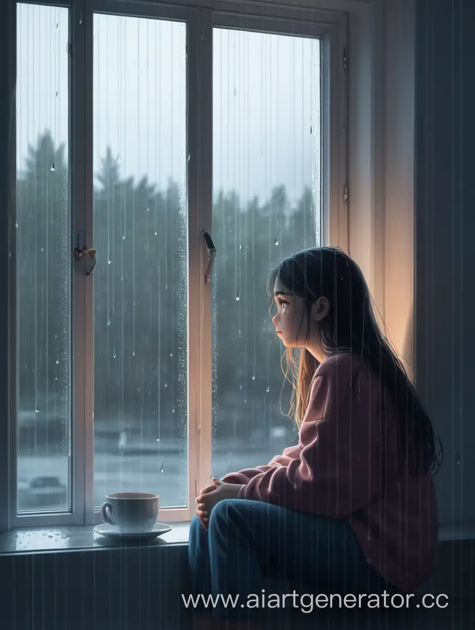girl sitting on the windowsill, looking out the window, rain, sadness