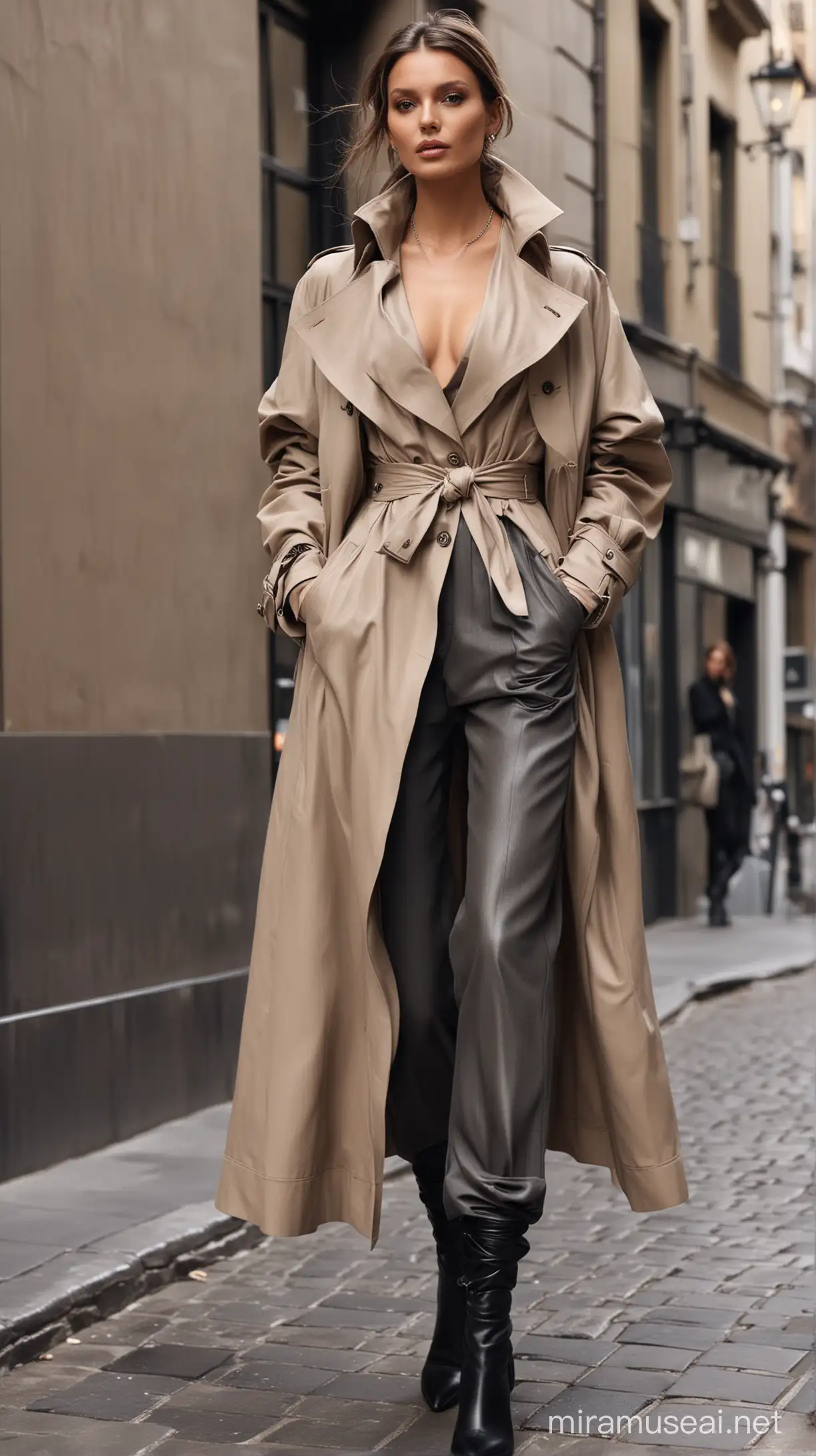 Stunning beautiful supermodel, street motion, front angle, wearing a very long layered taupe trench coat, deep neckline, with large silk sleeves gathered at the elbow, and gray relaxed silhouette leather pants, hands in the pockets, statement jewelry, glam, hyper-realistic, Alexander McQueen style