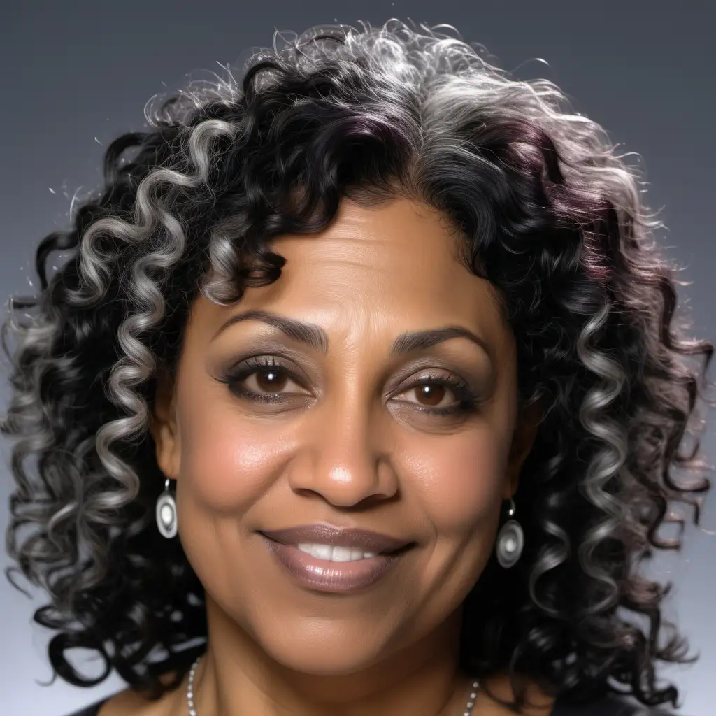create an image of a 40 year old woman of creole descent with thick medium curly black hair with gray streaks, button nose, and medium thin lips