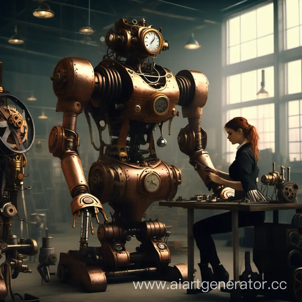 Steampunk-Mechanic-Girl-Fixing-Giant-Robot-in-Workshop