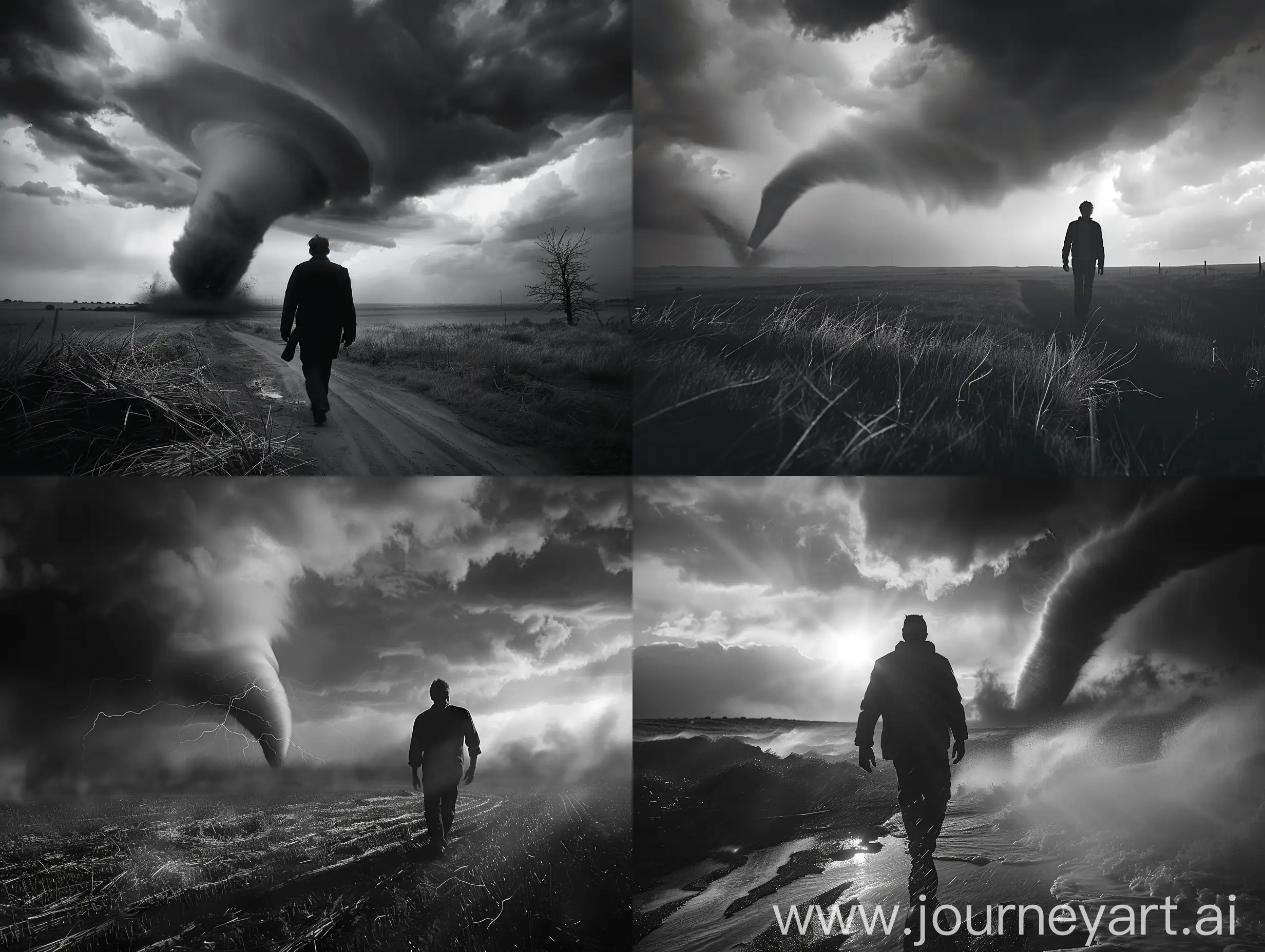 man walking calmly towards the camera from distance. a tornado can be seen far behind him. black and white, dramatic lighting.