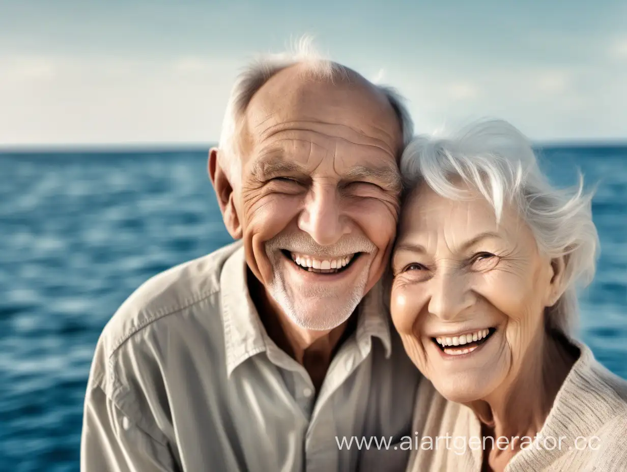 Пожилая пара улыбаются на красивом фоне океана с красивыми зубами
