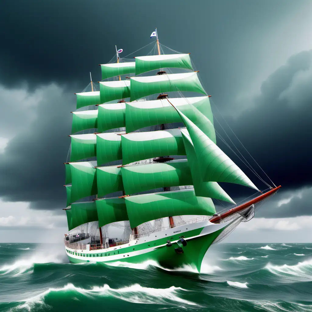 Create a picture where an environmental non-profit organisation that is taking action for the sea is symbolized by a modern sailing ship (has white and green colours and was built in this century) is challenged by a storm on the ocean (the ocean is blue). In the background, you also grey clouds and dust coming out of a factory. The boat sails into better weather. In the ocean, you can see a whale