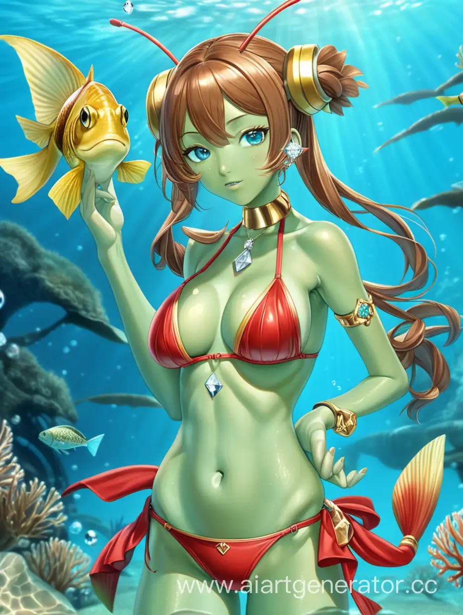 anime girl-amphibian, with light green skin, underwater, in red and golden bikini, with fish shaped ears, light blue eyes, brown double bun hair, holding a diamond trident

