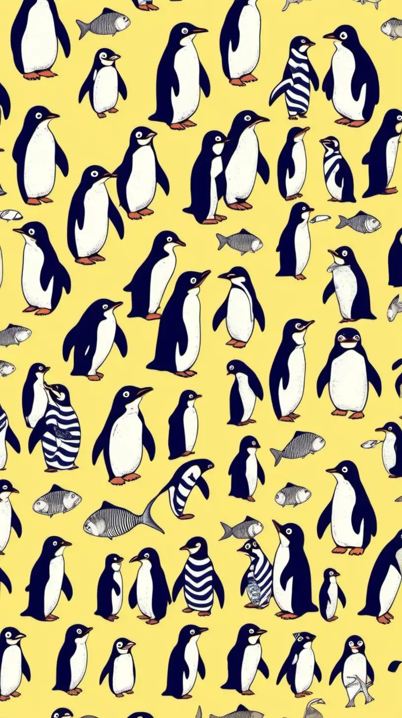 Adorable Penguins in Cute Striped Pattern Style with Fish Symbols on Soft Yellow Background