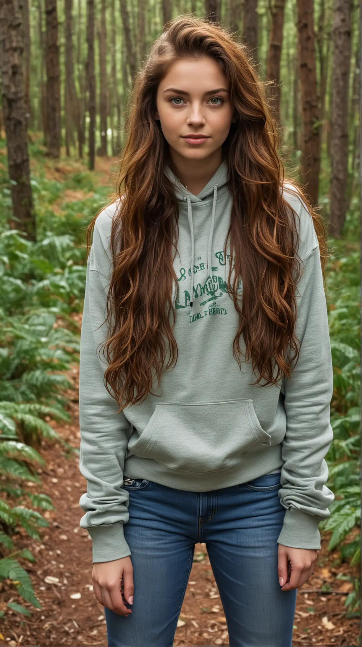 18-year-old Julie Roberts. She has long, wavy, dark-auburn hair and intense green eyes. She is wearing jeans and a hoodie as she walks through a forest