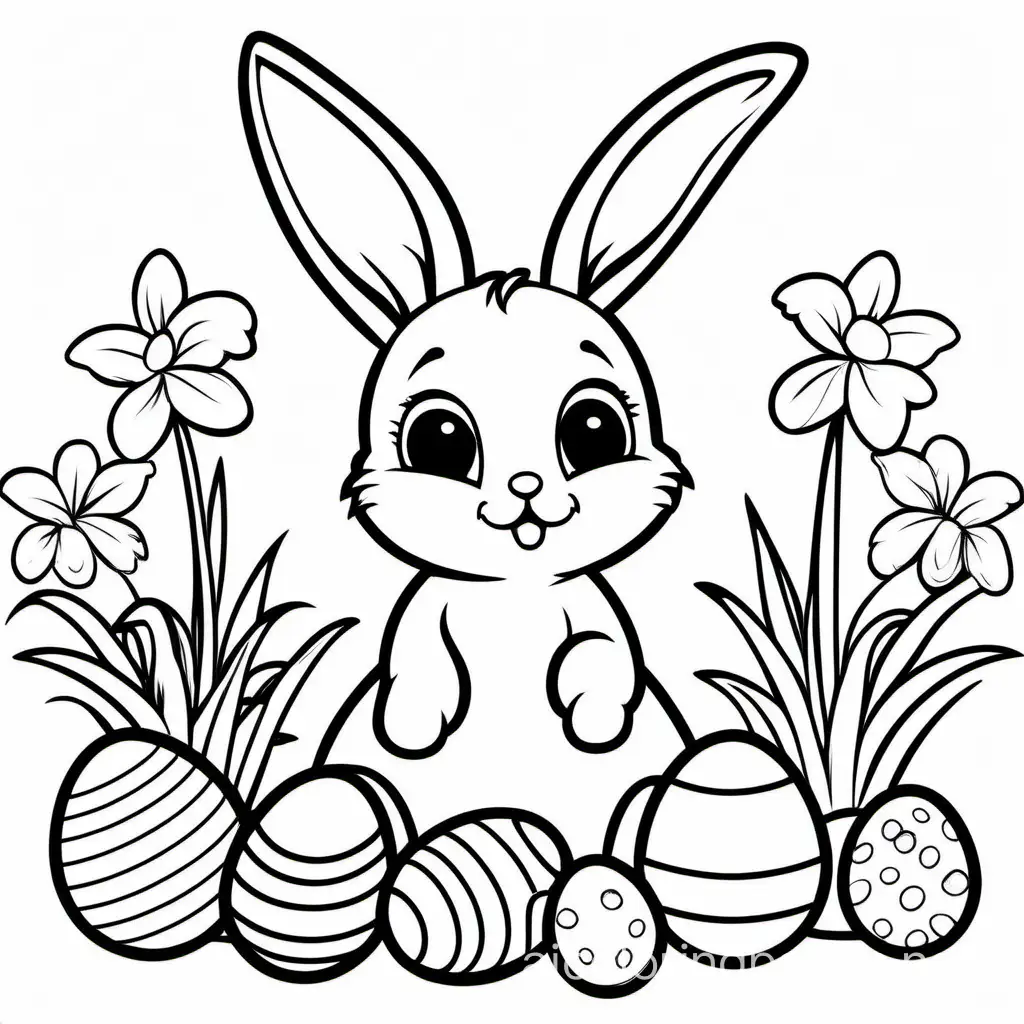 cute baby easter bunny in an easter setting, Coloring Page, black and white, line art, white background, Simplicity, Ample White Space. The background of the coloring page is plain white to make it easy for young children to color within the lines. The outlines of all the subjects are easy to distinguish, making it simple for kids to color without too much difficulty