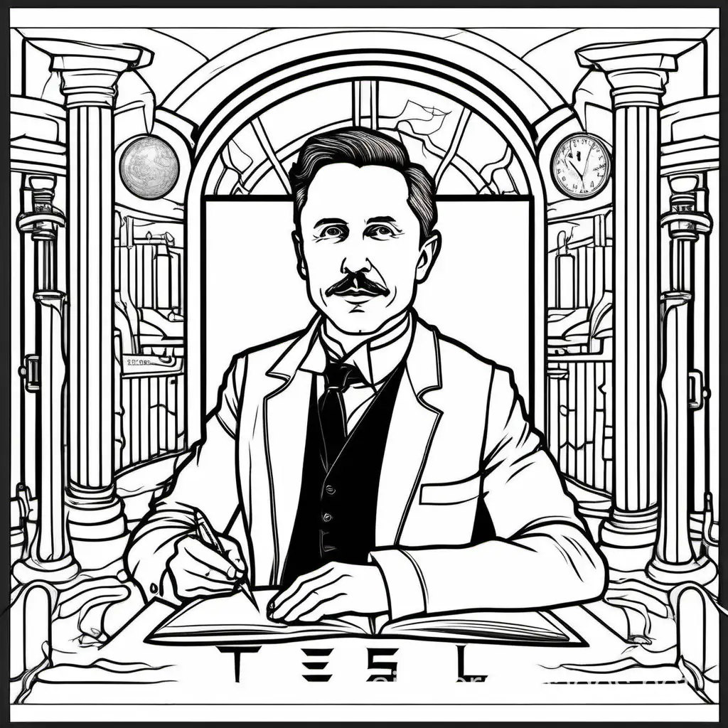 Tesla the inventor, Coloring Page, black and white, line art, white background, Simplicity, Ample White Space. The background of the coloring page is plain white to make it easy for young children to color within the lines. The outlines of all the subjects are easy to distinguish, making it simple for kids to color without too much difficulty