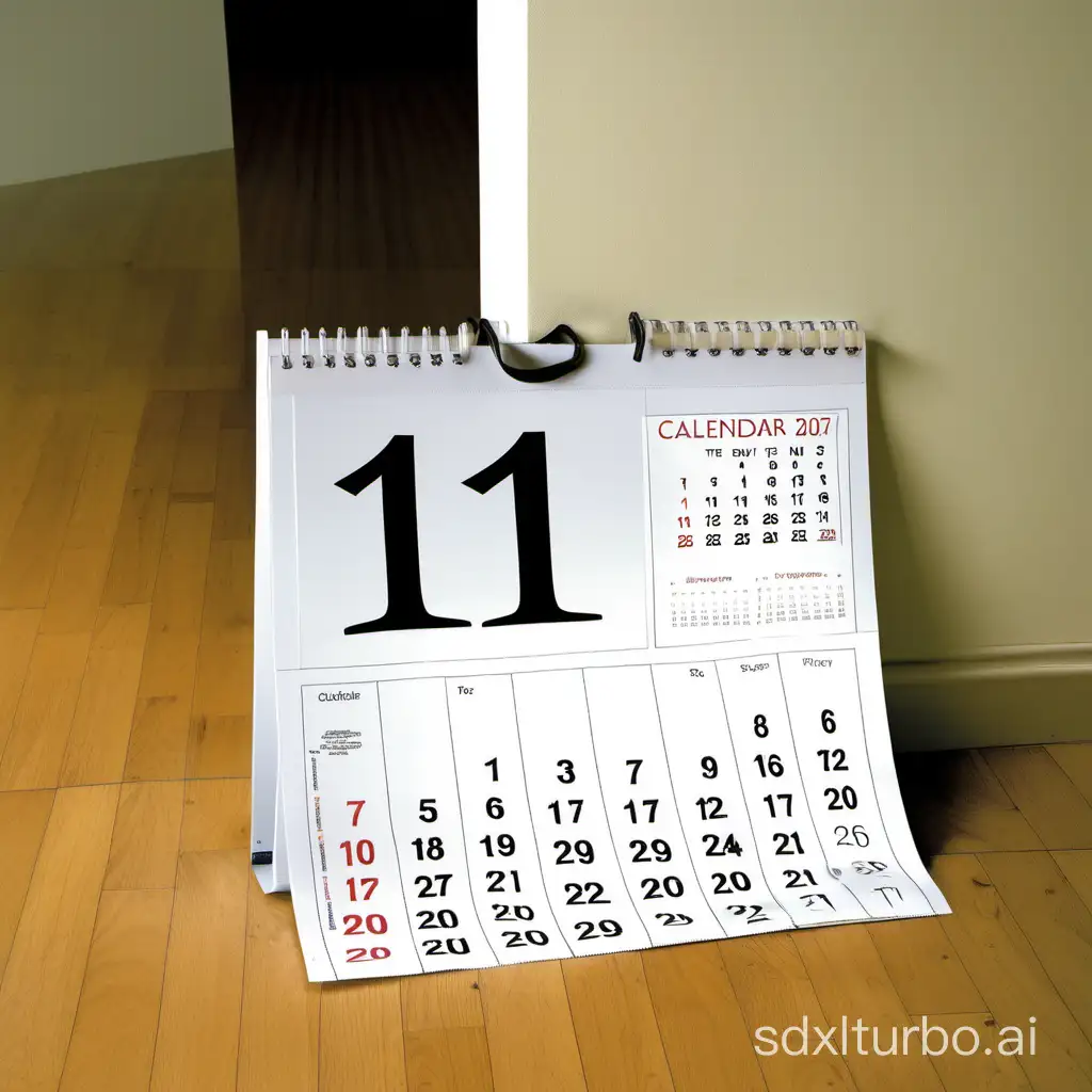 calendario del año 2007, y una pagina en el suelo  con el numero 11 escrito