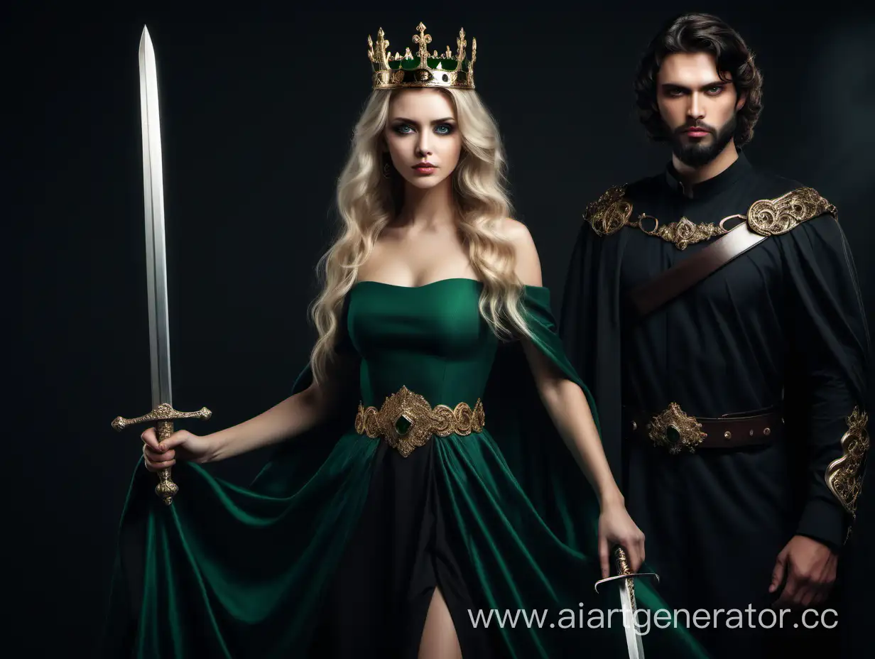 very beautiful blonde girl with dark green eyes wearing very luxeryious crown and long black dress holding a sword and a hazel-eyed handsome charismatic king with wavy short dark hair and beard in powerful posture