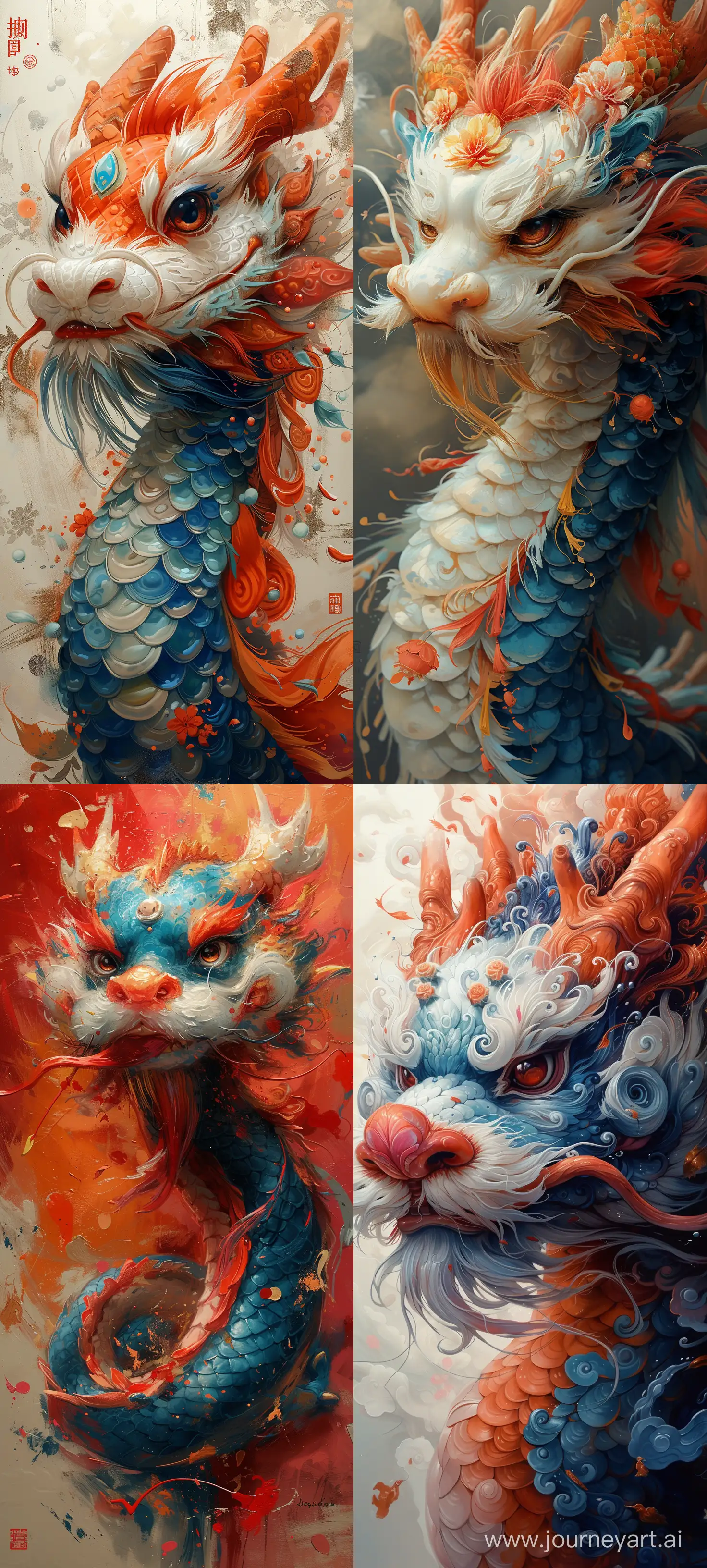 Cute Chinese dragon painted by James Jean, Chinese New Year atmosphere, head close-up, abstract simple lines, illustration, Multi-color, advanced color matching --ar 9:20 --s 1000 --v 6.0