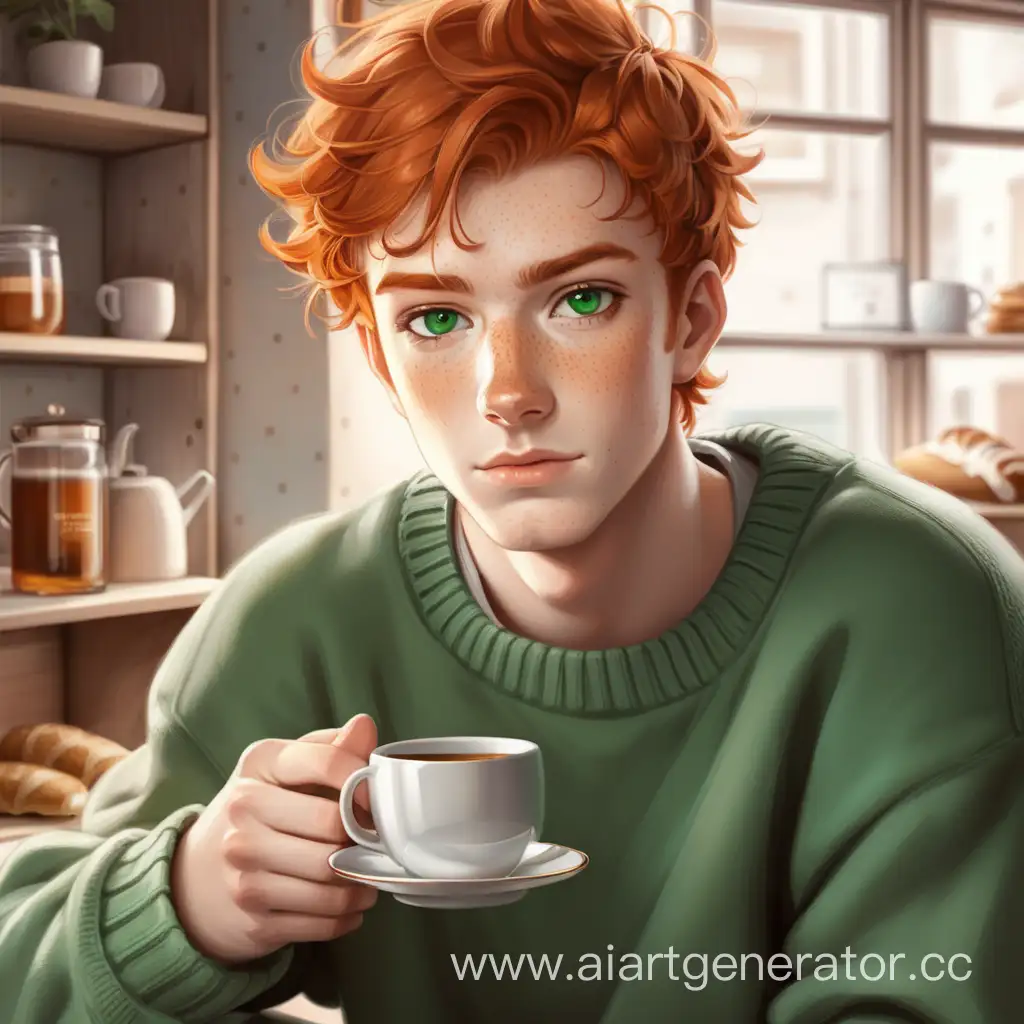 Guy woth ginger hair and green eyes, freckles, comfortable room, sweater, hot tea and bakery