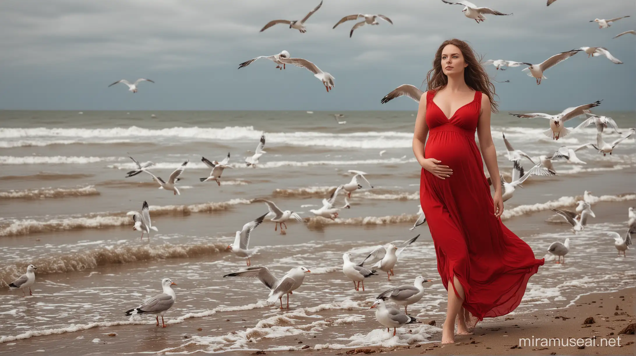 realistic maternity photoset of a girl with blue eyes and brown hair, on a beach, with seagulls flying around her, dressed in a very low-cut and very long red dress that seems to fly
