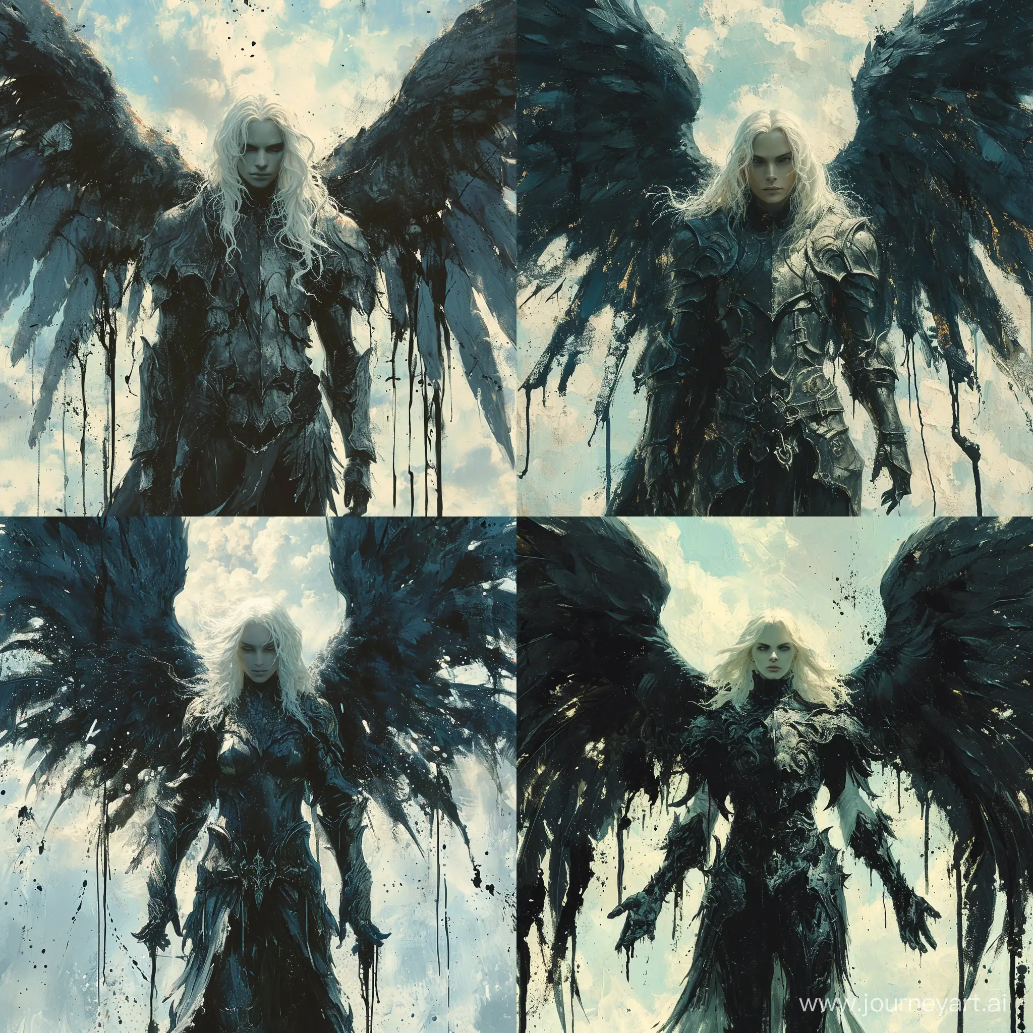 Intricate details, dark angel with large black wings, standing in front of a sky background with white and blue hues, the angel has white hair and is wearing a armor-like outfit, the wings are spread out and there are black paint drips trailing from them, --s 500