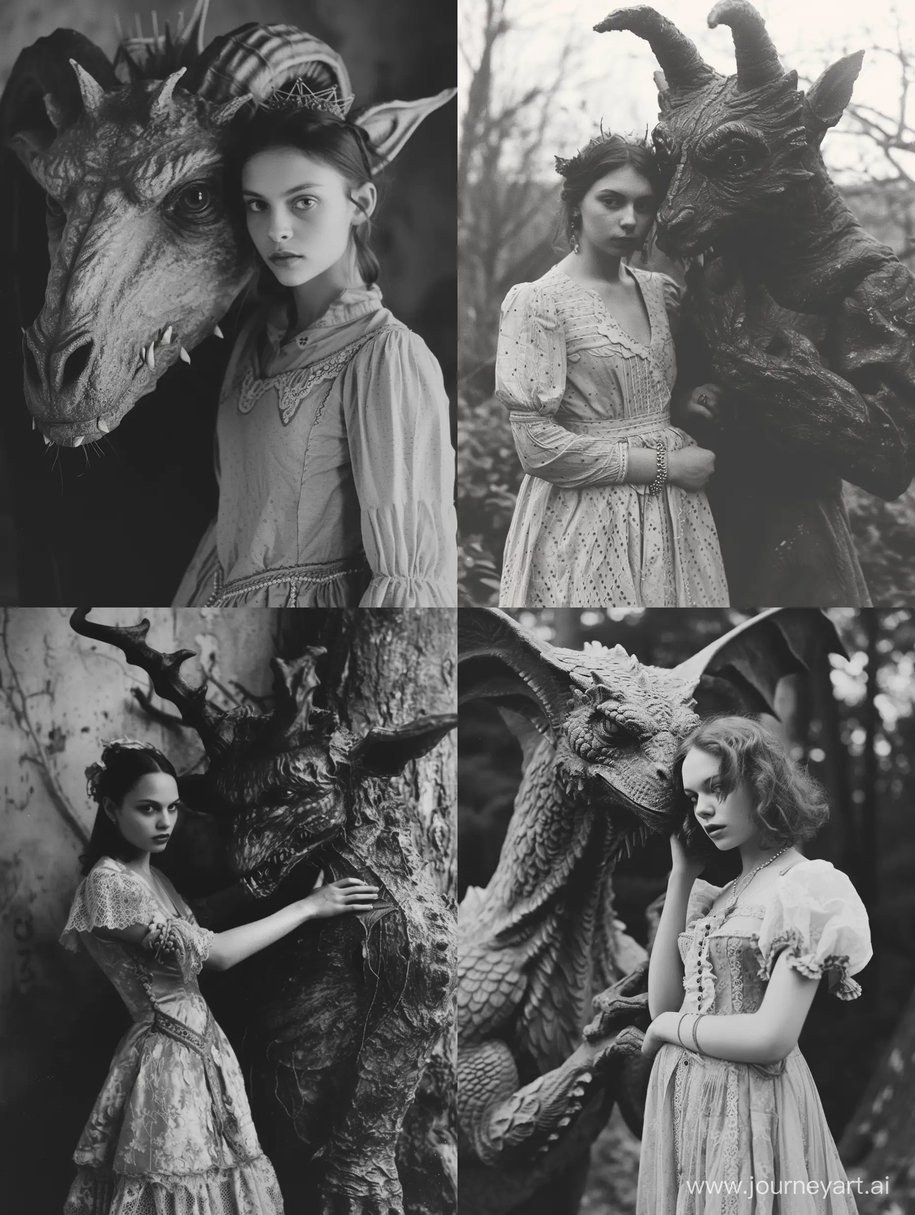 grayscale photo that evokes folk horror, capturing an obscure and unsettling yet beautiful encounter between a beautiful young woman in a vintage dress and a large demon creature, attention to detail, folk horror, dark aesthetic, dark folk, dark magic, expired 35mm film --v 6 --ar 3:4 --no 11653