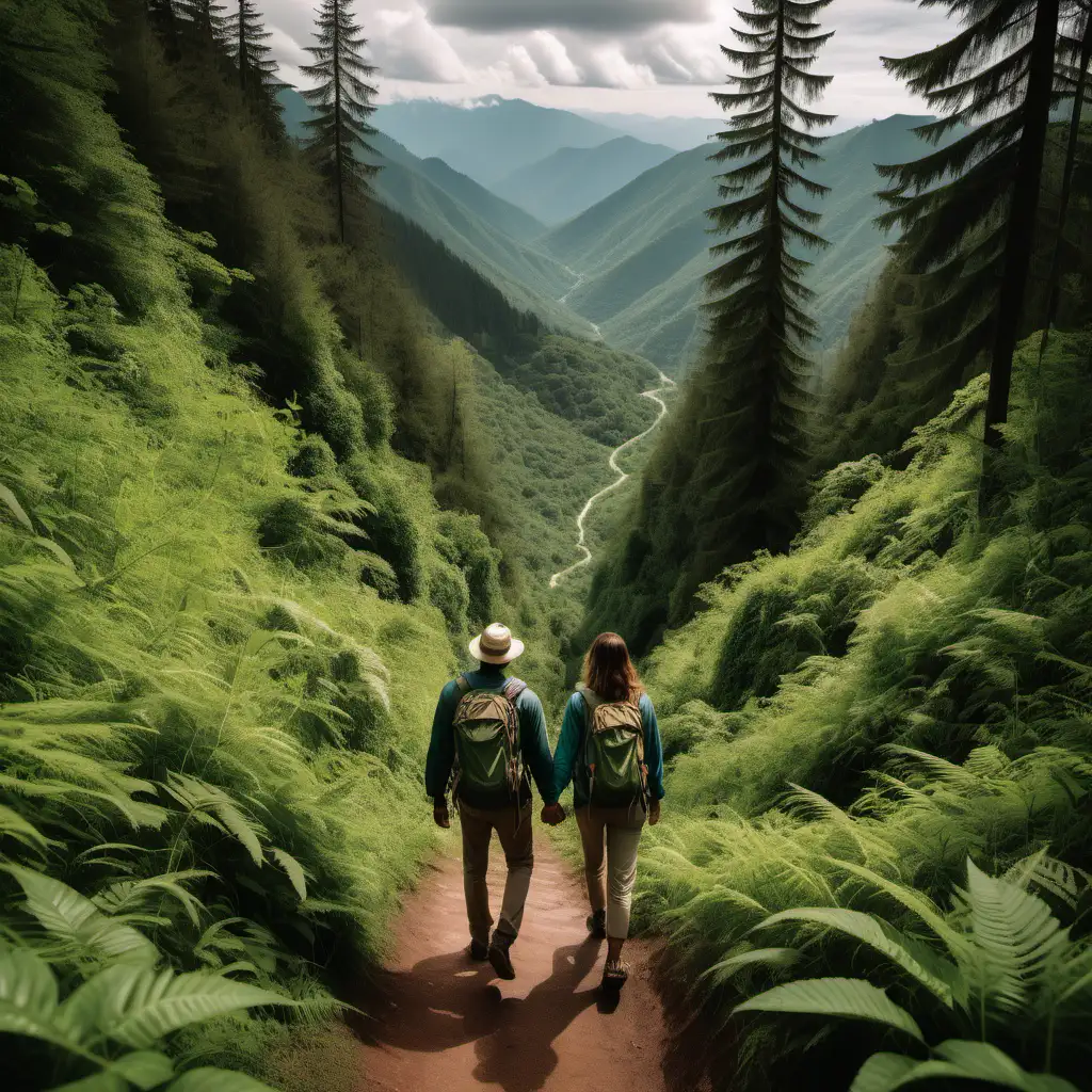     A scenic mountain trail surrounded by lush greenery. The couple in adventure clothes navigates the trail together, surrounded by towering trees and panoramic views. Their intertwined fingers and shared gaze reflect the sense of unity and shared purpose described in the quote.