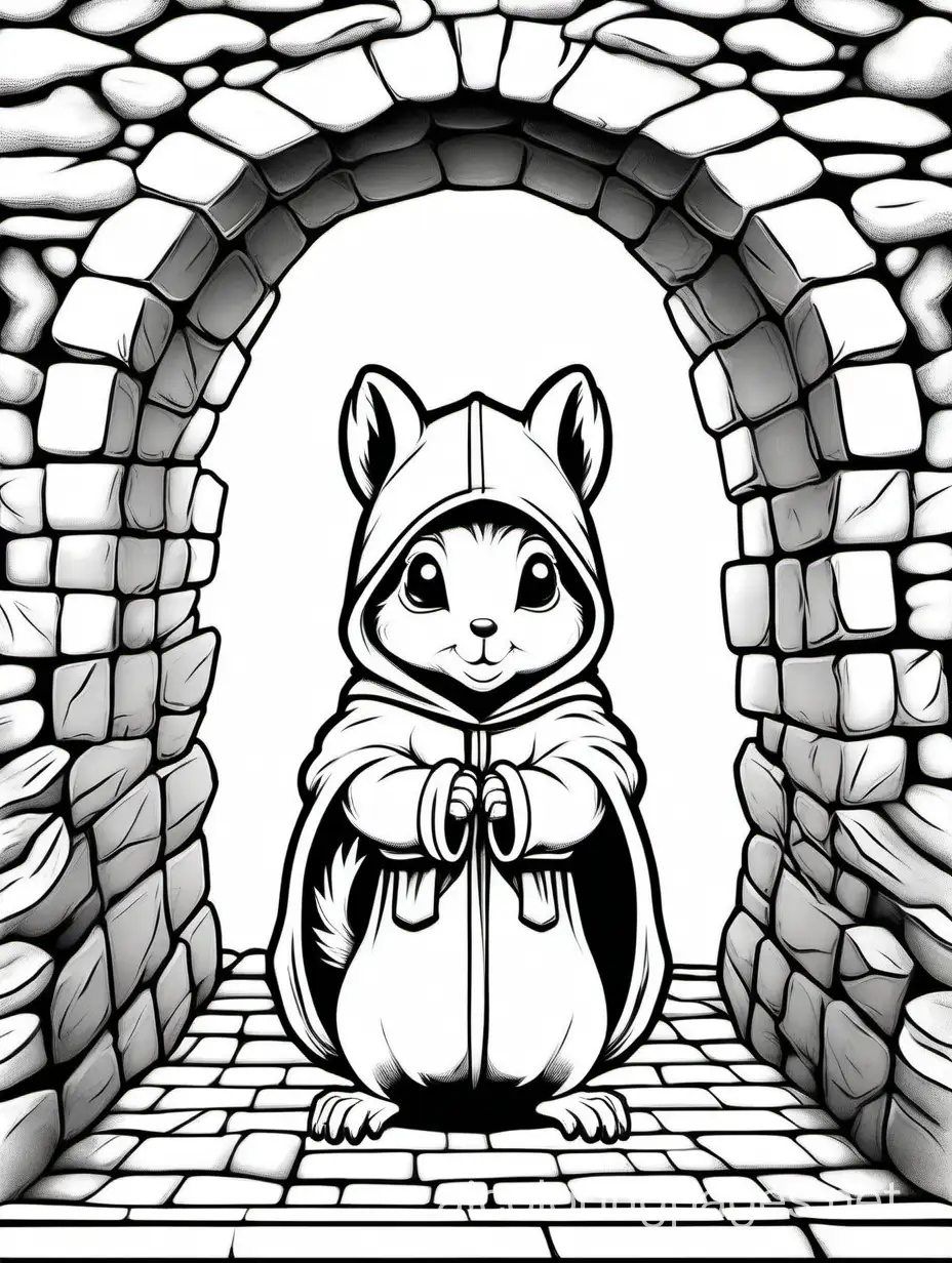 squirrel wearing a hooded robe in a dungeon, Coloring Page, black and white, line art, white background, Simplicity, Ample White Space. The background of the coloring page is plain white to make it easy for young children to color within the lines. The outlines of all the subjects are easy to distinguish, making it simple for kids to color without too much difficulty