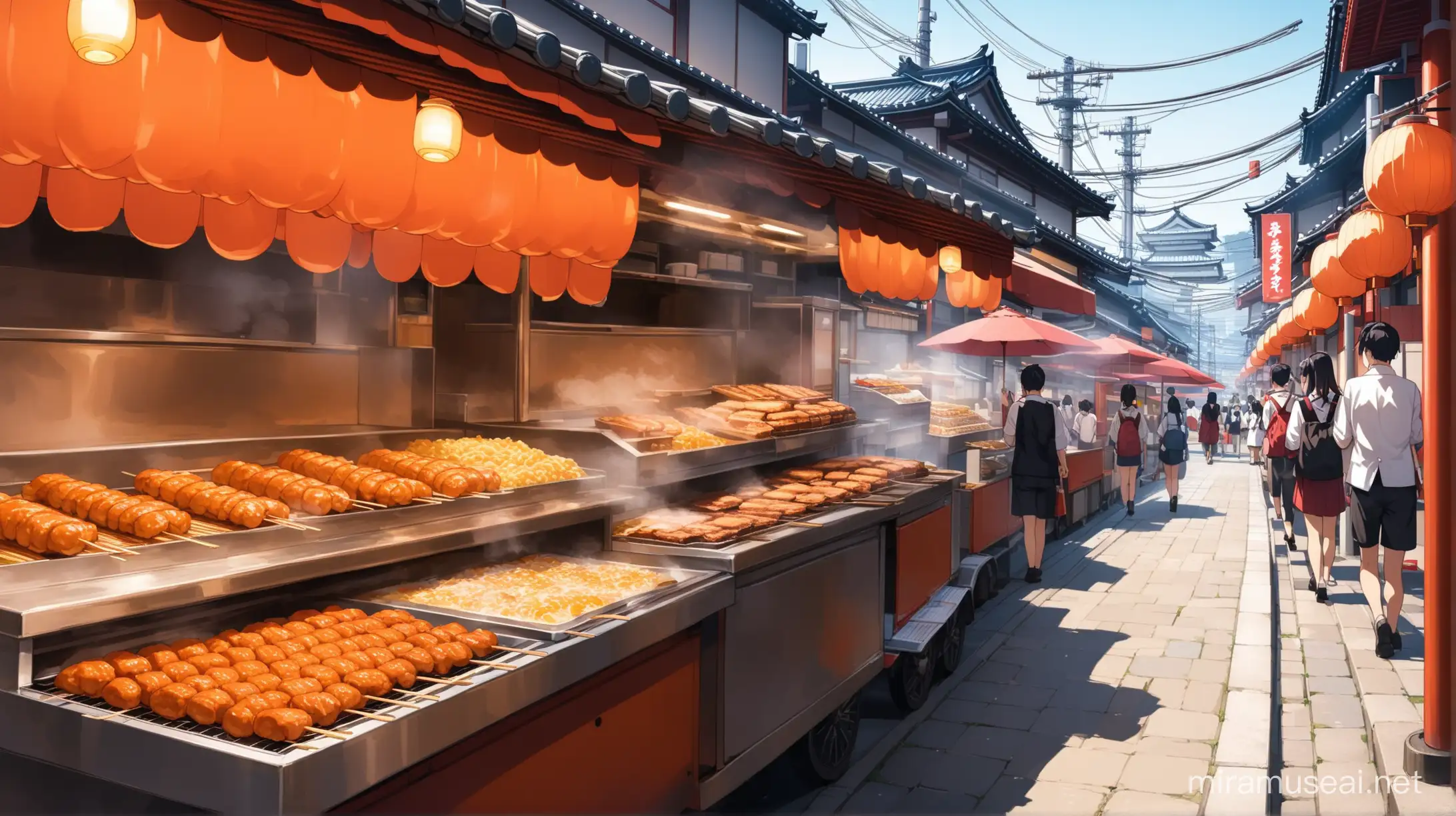 Colorful Japanese Street Food Stall from a Unique Perspective