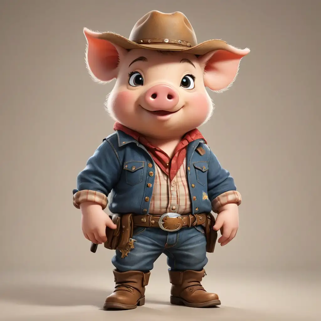 A cute pig in cartoon style, full body, Cowboy clothes with boots, with clear background