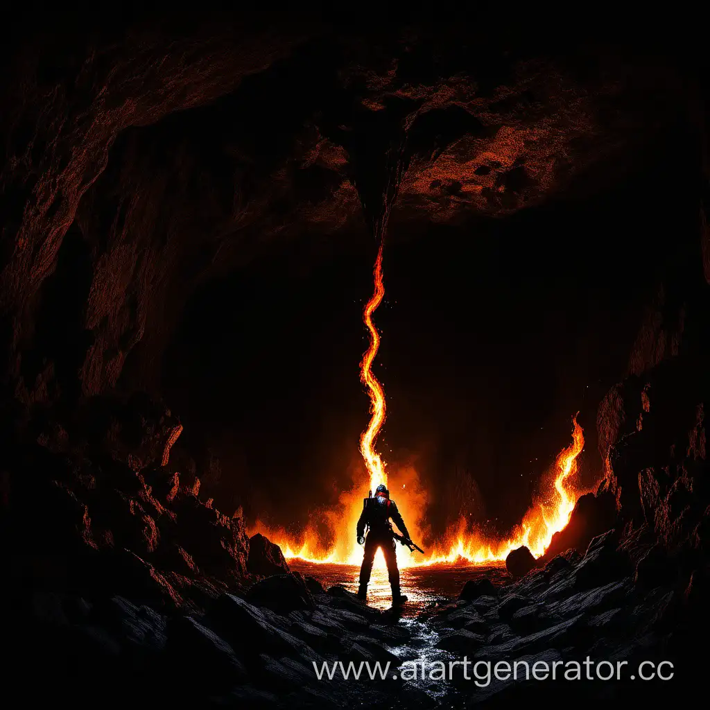 Тёмная пещера, стоящий спиной человек скрытый темнотой с огнеметом, струя огня направлена в темноту.