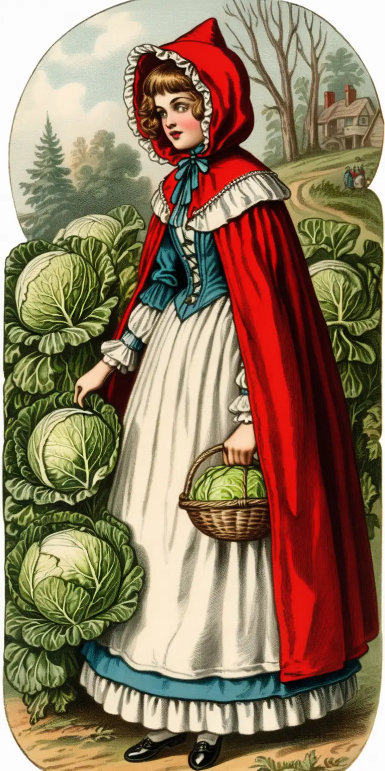 Victorian Red Riding Hood in Vintage Illustration with Cabbage Head