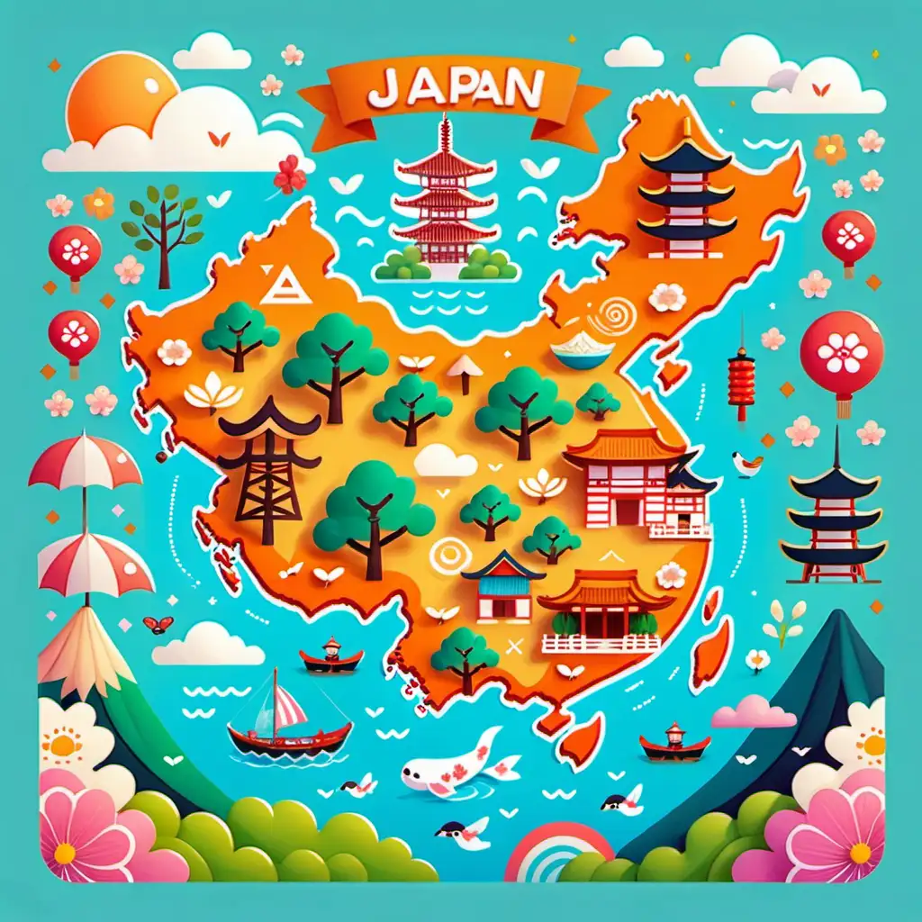 Kawaii stil, Illustration: Eine bunte Karte von japan, umgeben von Symbolen der Kultur und Natur. kawaii style