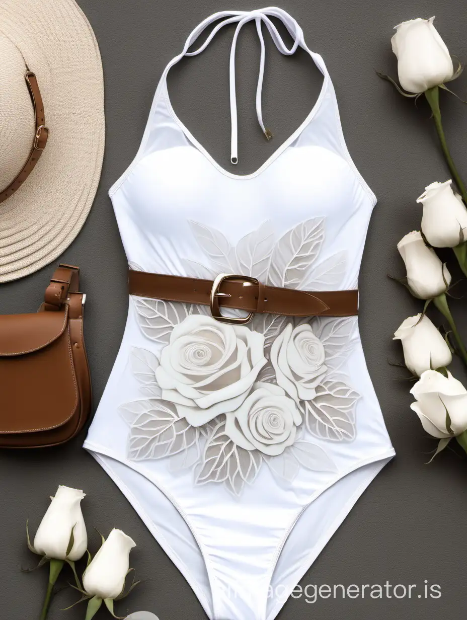 White one-piece swimsuit.with transparent white roses made of transparent white fabric on the chest brown belt around the waist.