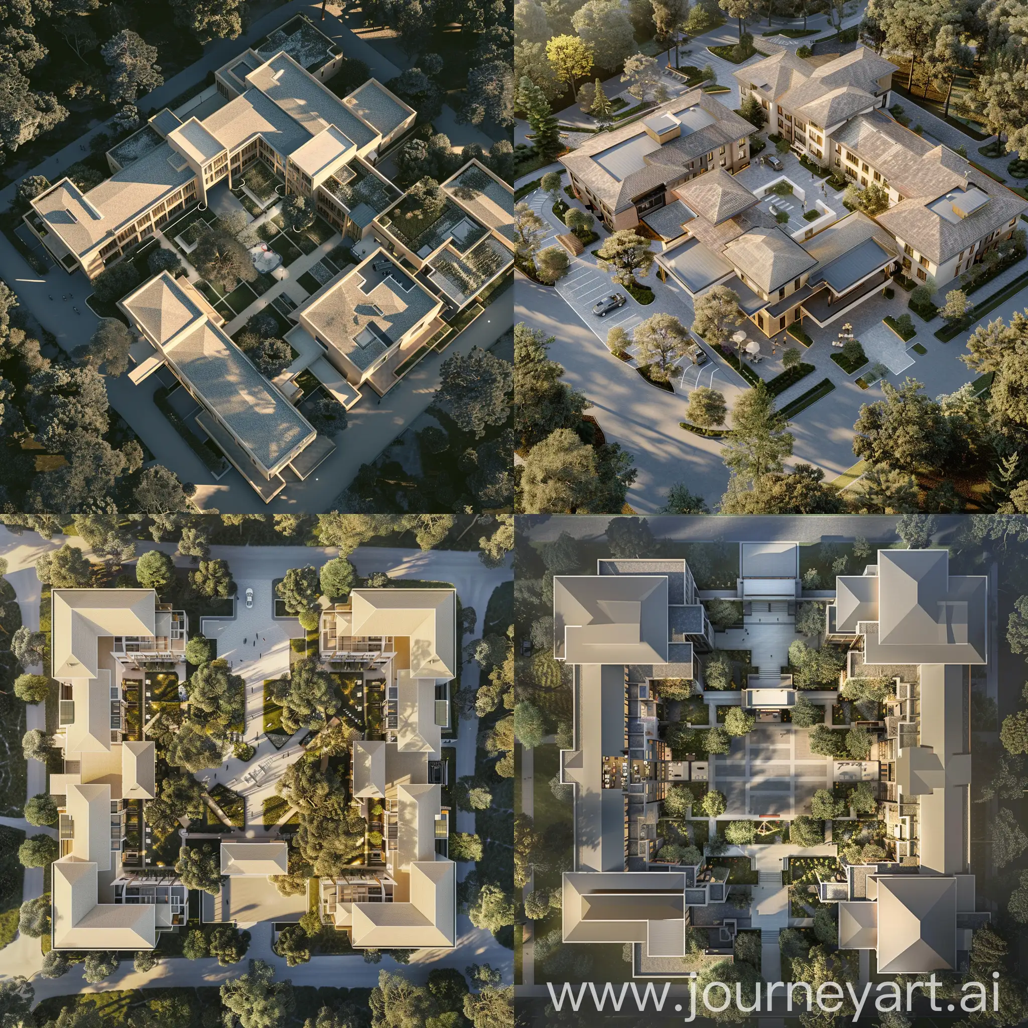hyper realistic aerial view of a contemporary assisted living home for thirty people spanning three floors with a port cochere and central courtyard on a quarter an acre of land 
