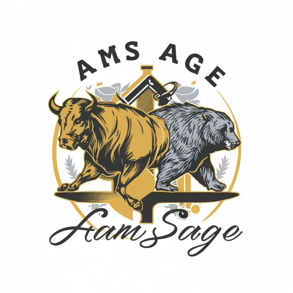 logo, bull and bear, with the text "sam sage", typography