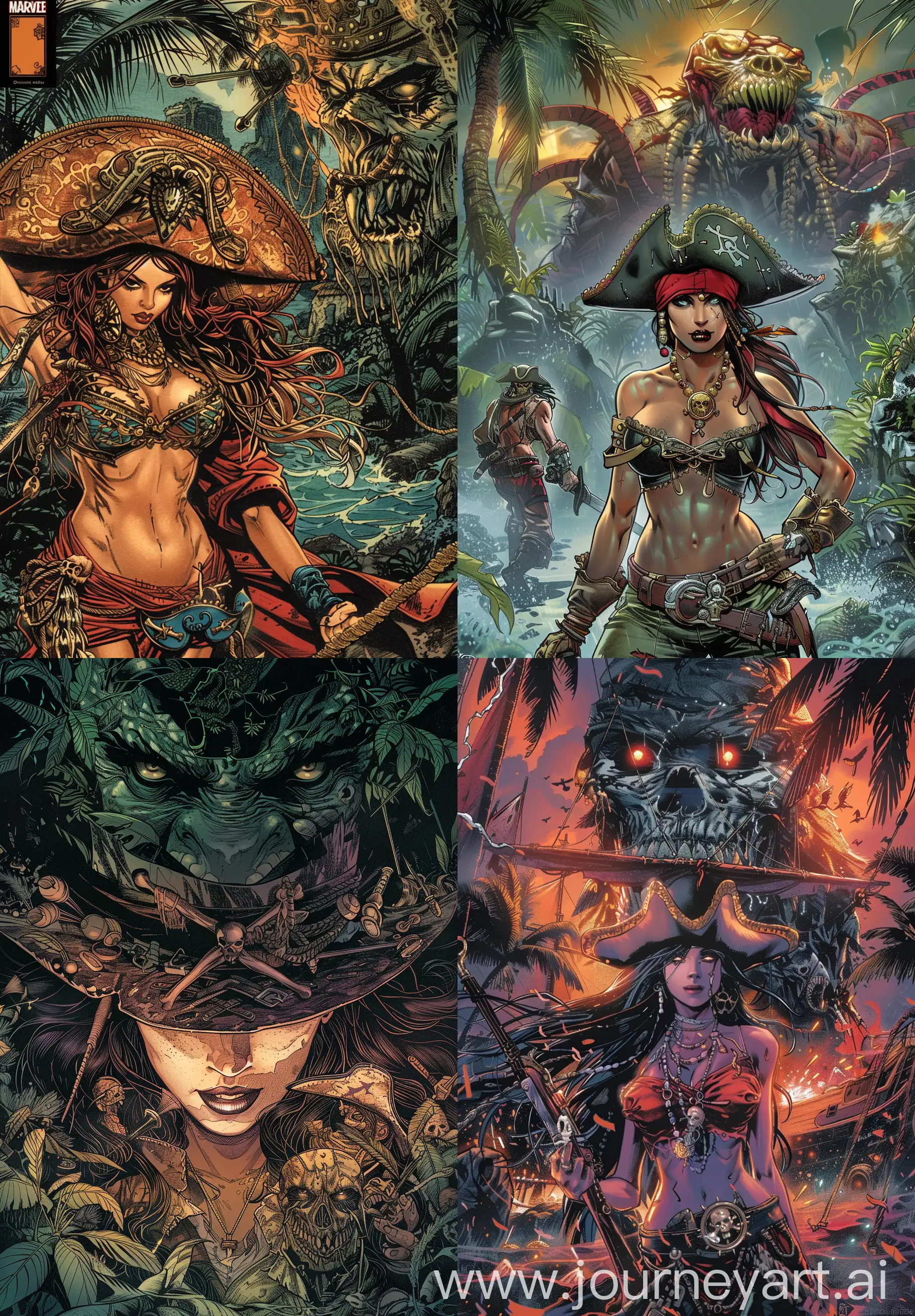 The journey of a pirate gang led by a beautiful and brave female captain to the mysterious Skull Island in search of treasure, intricate details, Jim Lee style, comic book cover style,, --ar 9:13 --v 6.0