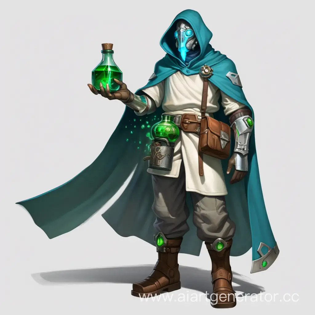 A warforged DND wears a half-face mask, half of his face is visible and his eye glows green, he is dressed in a blue cloak covering half of his body, under the cloak he wears an old white sleeveless shirt. He is wearing old dark gray pants and is wearing old brown boots. In his left hand is a potion, and in his right hand is a futuristic revolver. On his torso is a tool belt. Over his shoulder is a slightly open bag with potions in bottles made of glass and metal.