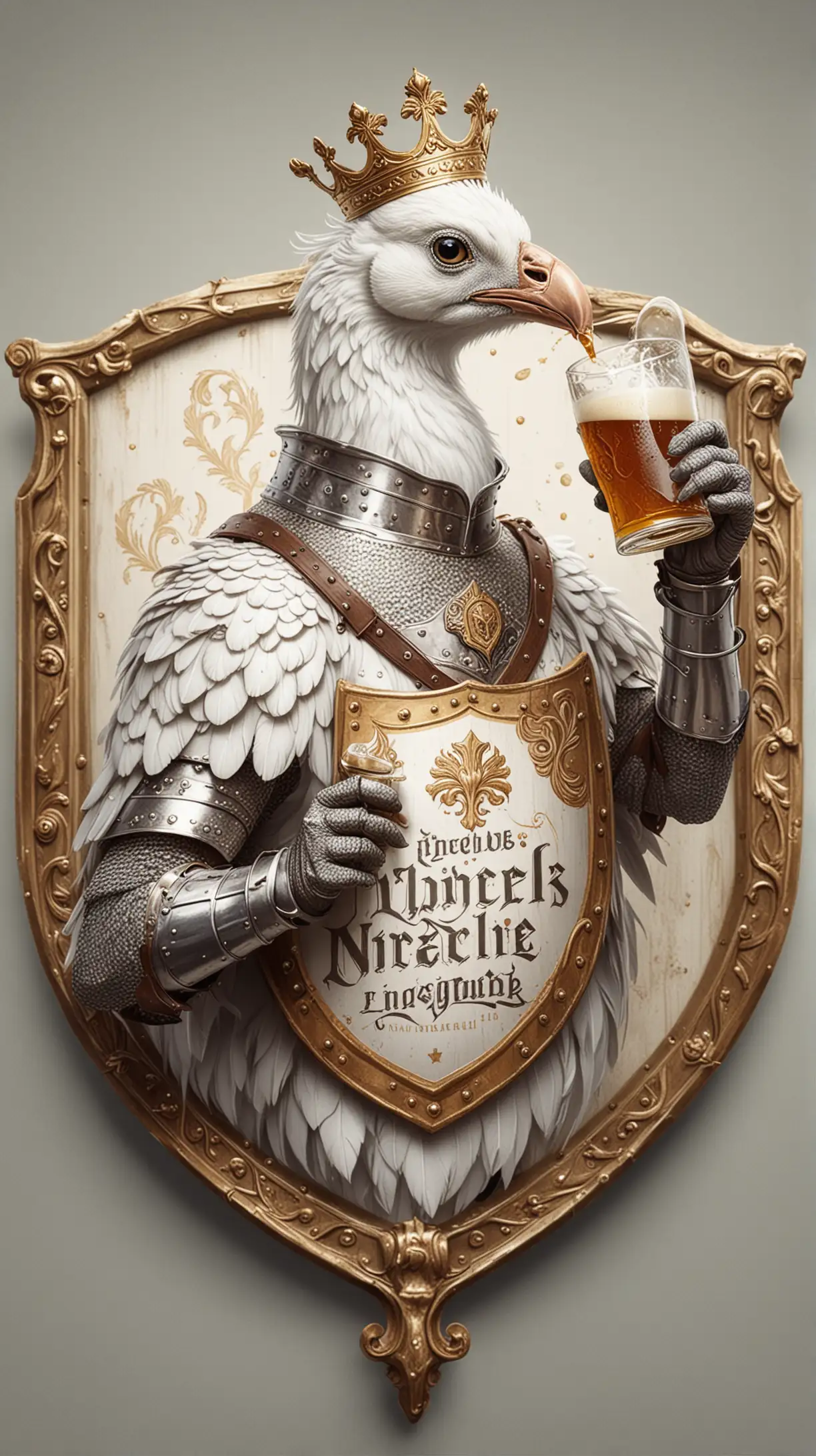 make me an logo from a white peacock dressed as a knight drinking beer presented on a knight's shield.
Use the text Witte Pauwen