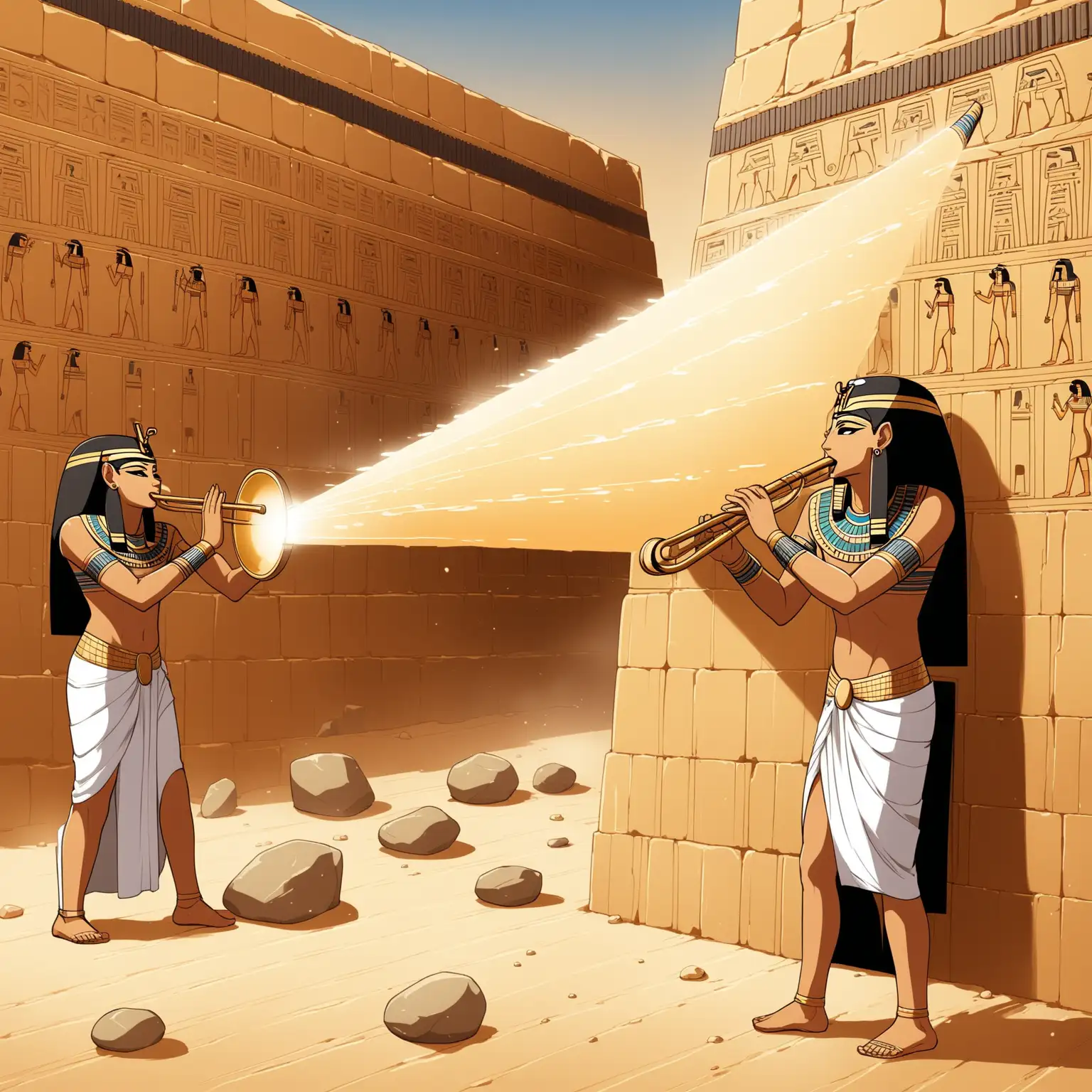 The Egyptians blowing through an ancient instrument which produces sound waves which are carrying perfectly cut stones 