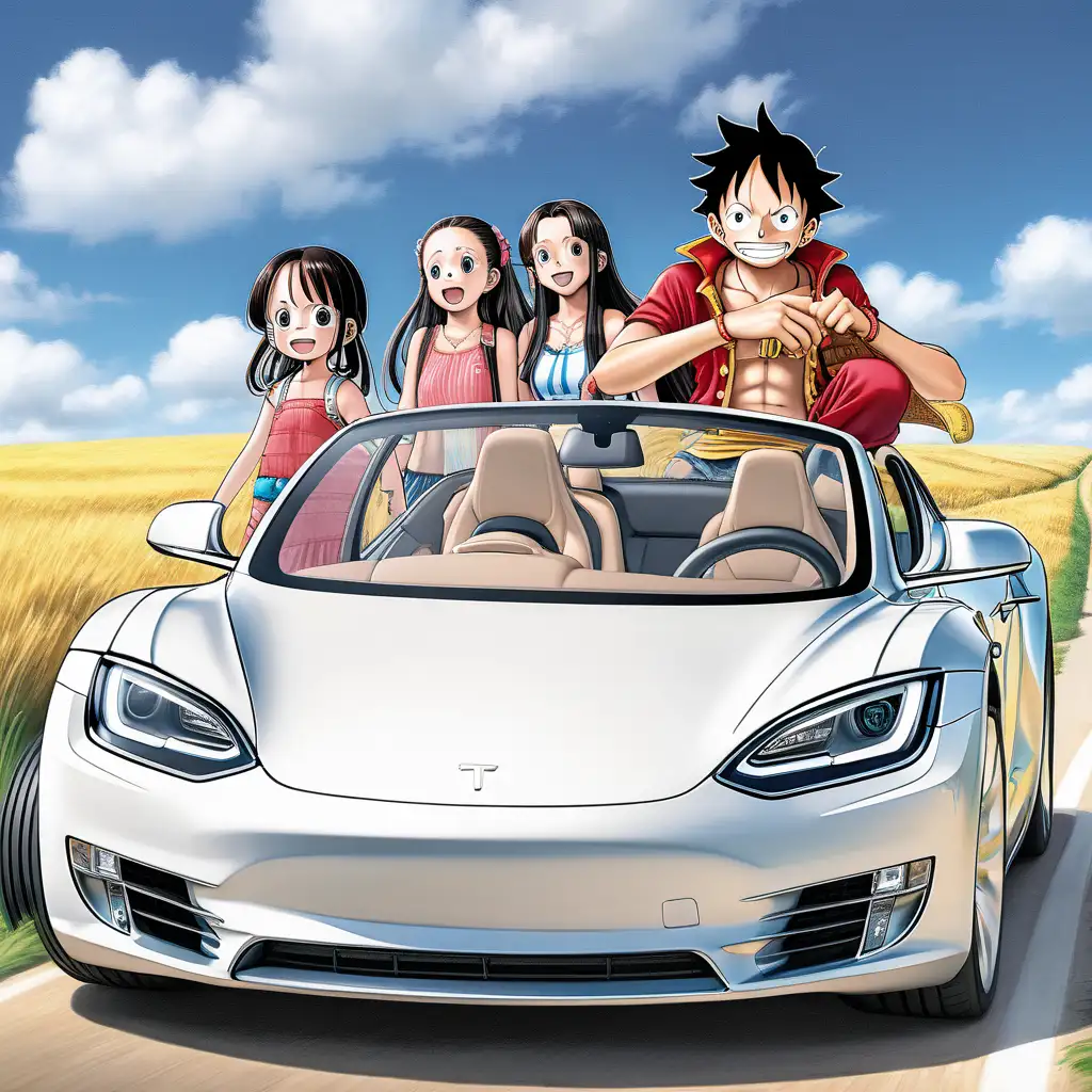 luffy in a tesla, with 2 children behind, aged 10 months and 4 years, and next to him a 25 year old brunette woman
