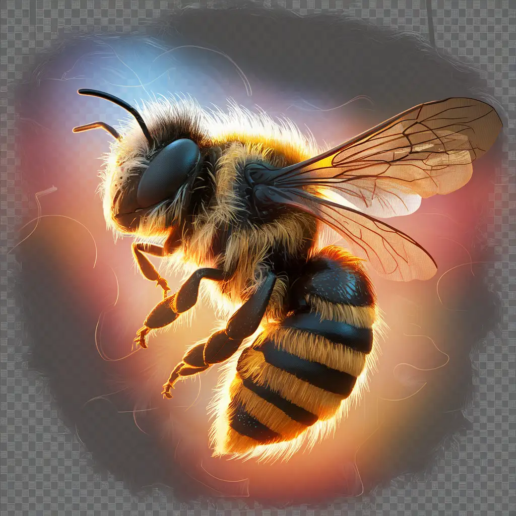 Hyper-real digital art style, "Bee", hyper-detailed, photorealism, backlit, beautiful light, with transparent background