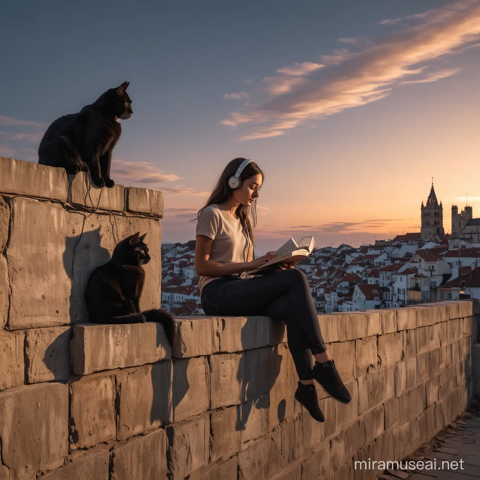 A girl who wearing headphones reading a book while sitting on a wall and her black cat sitting right next to her, intricate , sharp focus, shape lines , extremely detailed , Evening sky , shot from the back