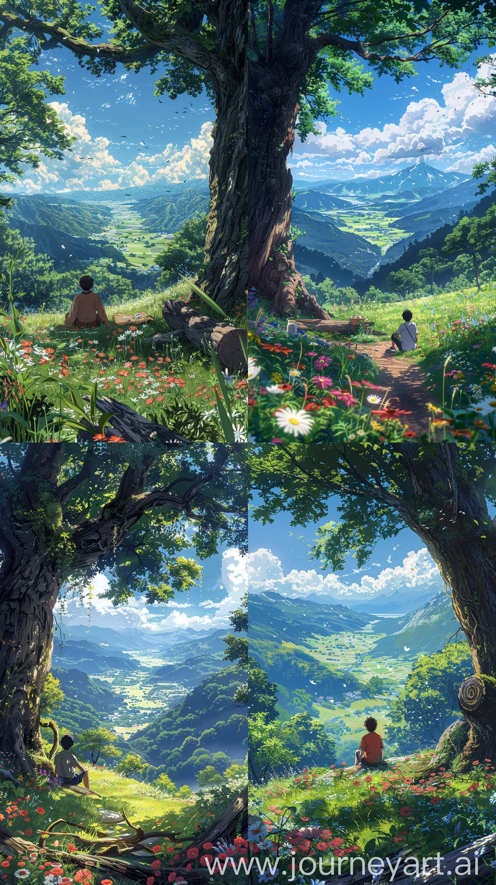 Anime scenary, illustration, mokoto shinkai and Ghibli style mix, direct front facade view of man sit under big tree, looking at valley, wild flowers, breeze, wooden log, cozy, meadows, beautiful view, summer day, vibrant look, ultra HD, high quality, sharp details, anime scenary ,no hyperrealistic --ar 9:16 --s 400