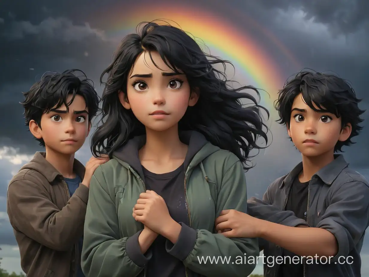 девушка с черными волосами держит два парня за руку, , на фоне темное небо гроза и радуга
