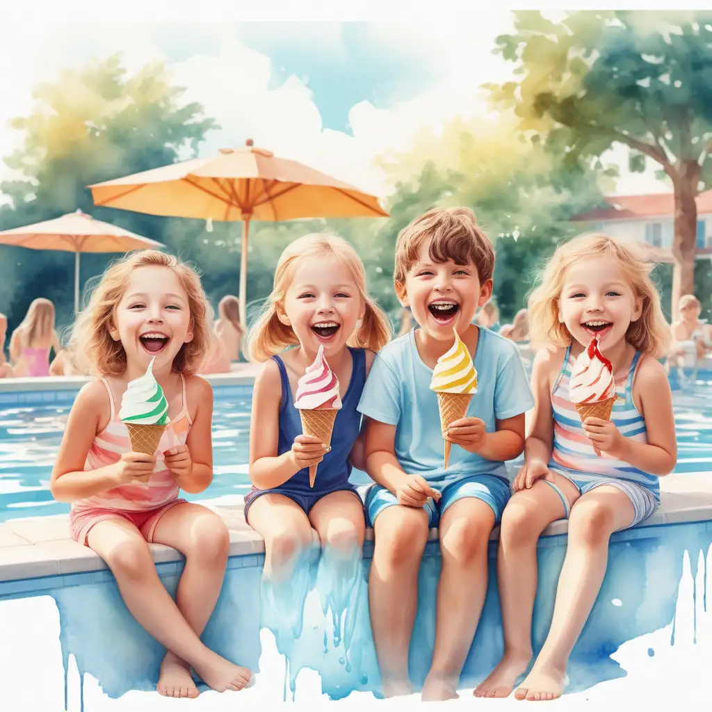 Vytvoř realistickou tvář _ děti v létě na koupališti, jedí zmrzlinu a smějí se_ve stylu akvarel barev
