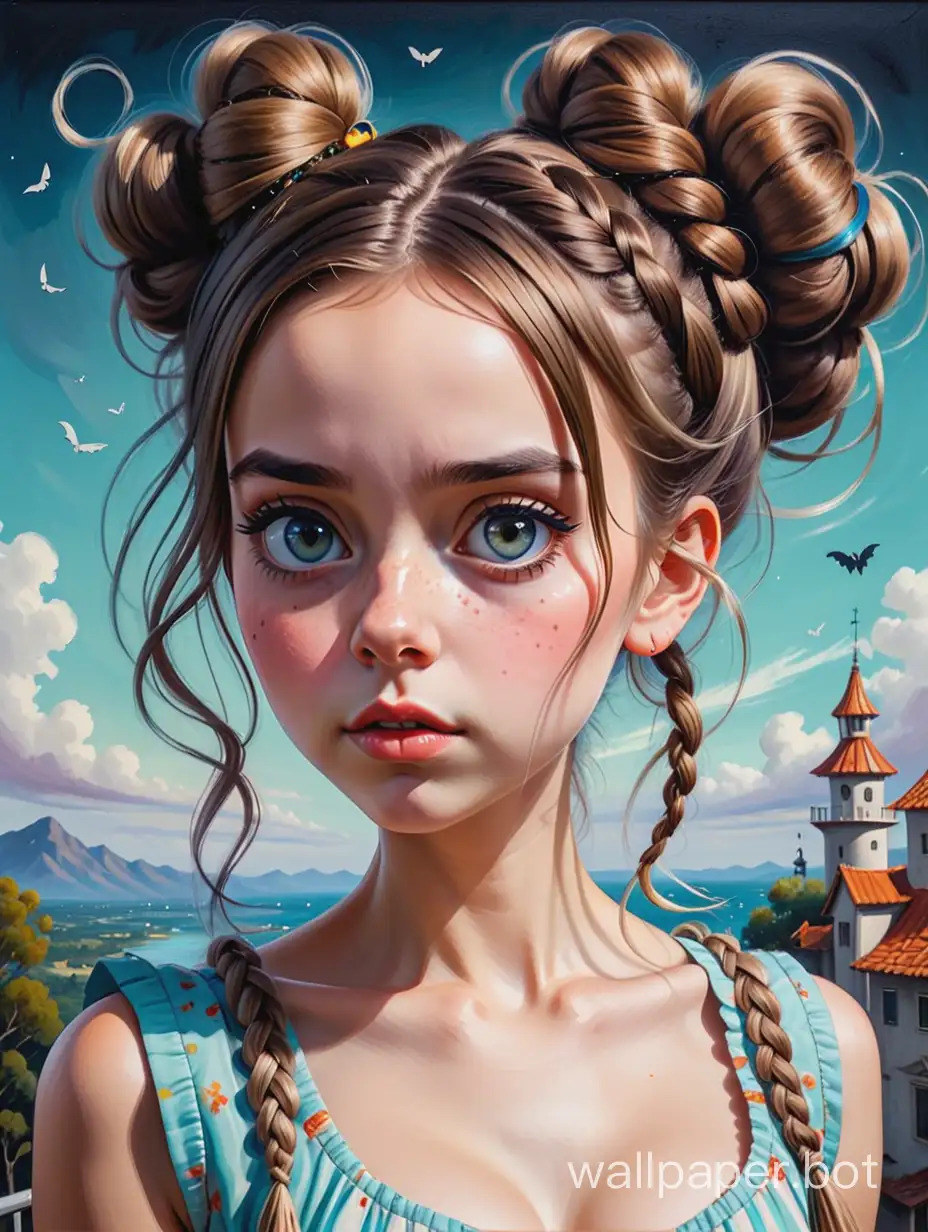 oil painting in the style of comics by Tim Burton, (eccentric girl, expressive eyes, hair beautifully braided in a fancy bun, wearing a sundress, intricate details), with an Impasto texture, eccentric, surreal, super detailed, super clear and sharp, glossy. Olga Ester style.