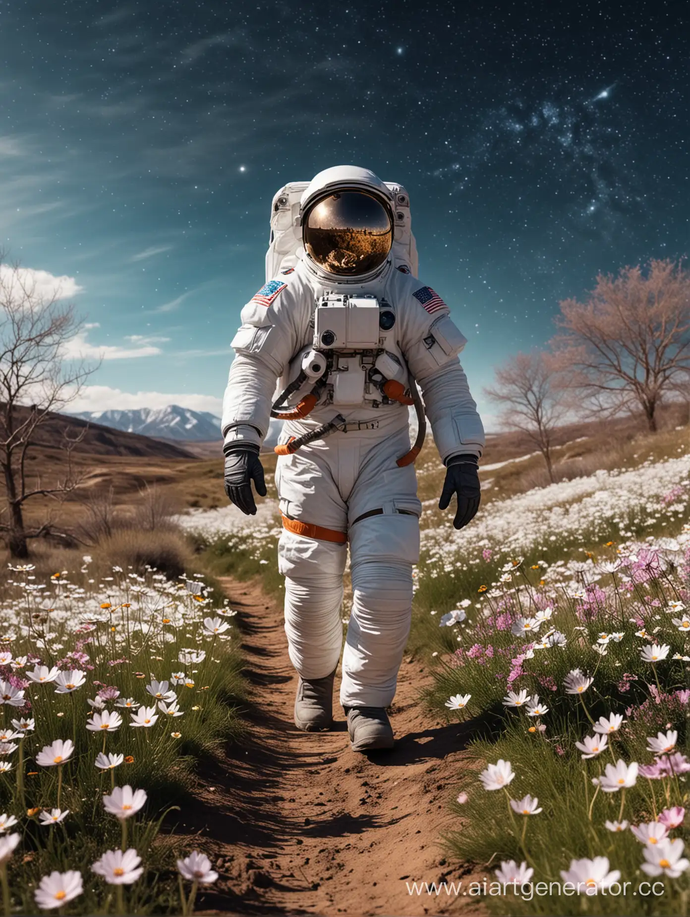 Astronaut-Strolling-Amid-Spring-Cosmos