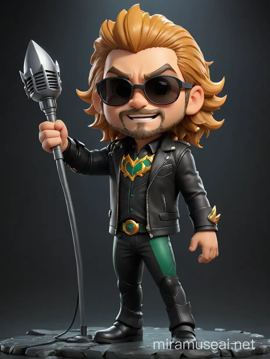 Create a 3d full body chibi style of Aquaman from DC reimagined as a leading vocal of a band. He is singing passionately holding a standing microphone with his left hand, his trident with his right hand. He is wearing his suit, a black leather jacket, and a pair of sunglasses. Give the image a solid black background.