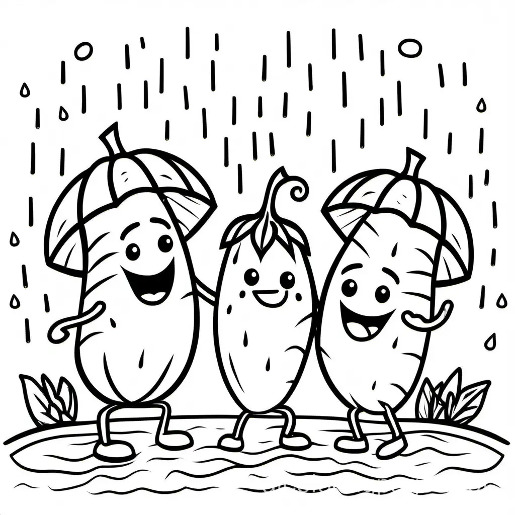 happy vegetables dancing in the rain
, Coloring Page, black and white, line art, white background, Simplicity, Ample White Space. The background of the coloring page is plain white to make it easy for young children to color within the lines. The outlines of all the subjects are easy to distinguish, making it simple for kids to color without too much difficulty
