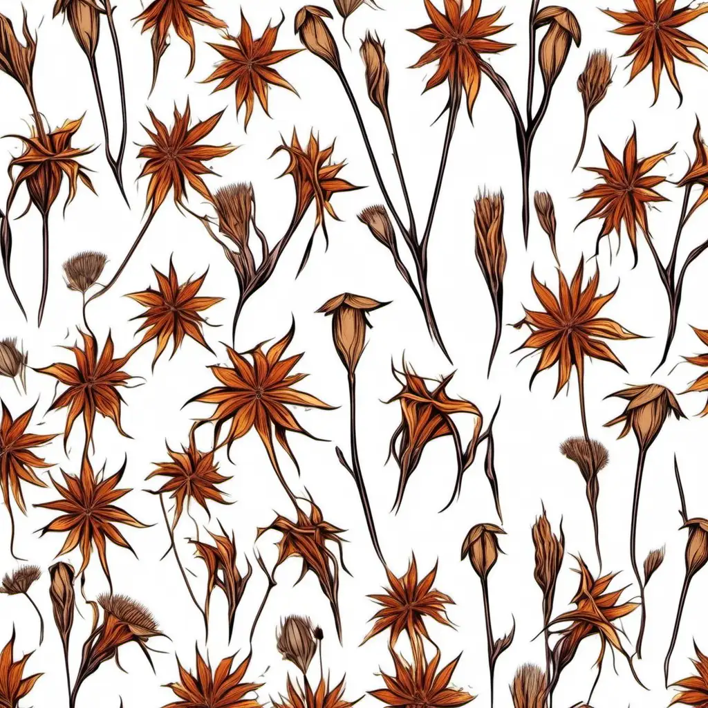 Whimsical Cartoonish Wilted Dry Flowers Pattern on White Background