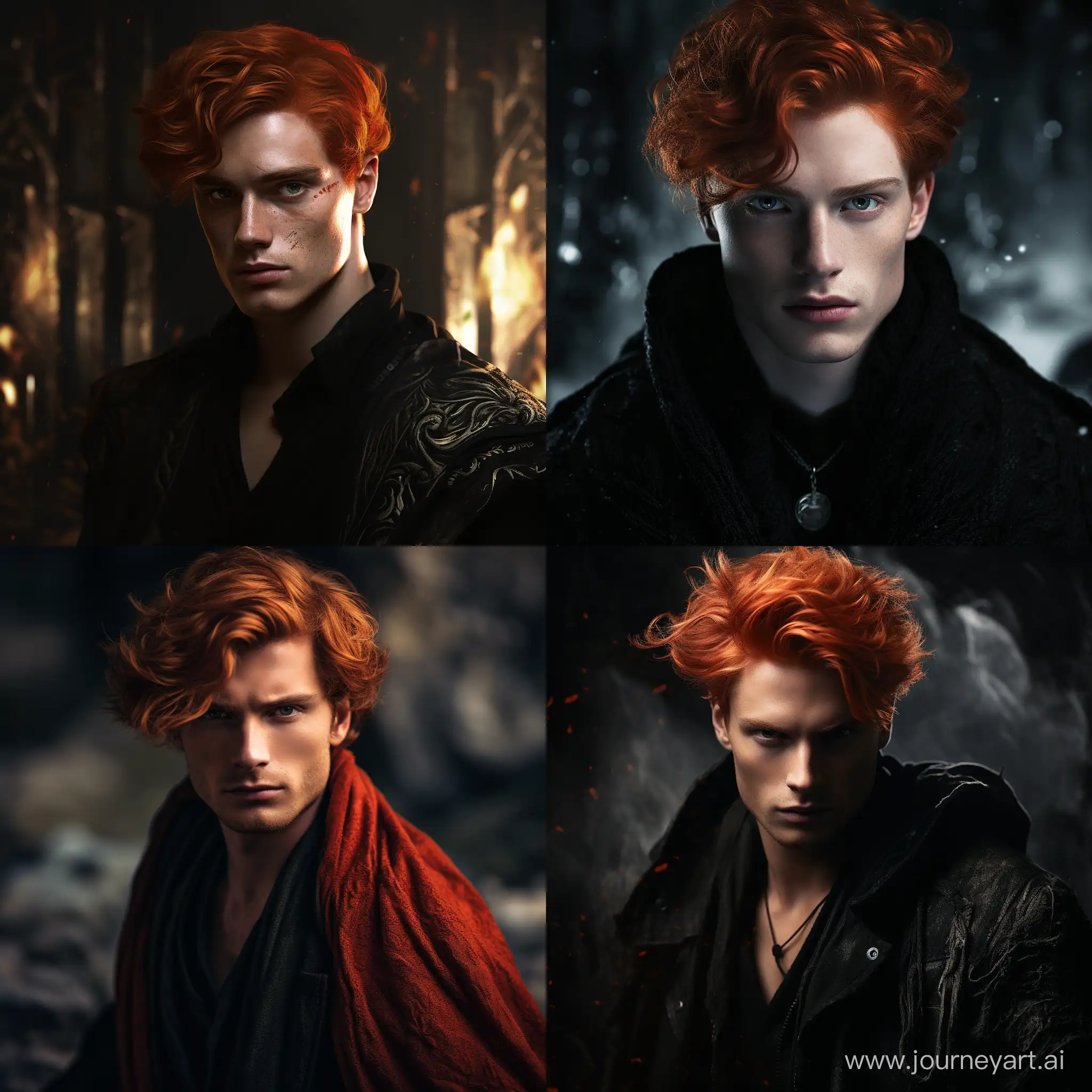 a red headed handsome young man in a dark fantasy world