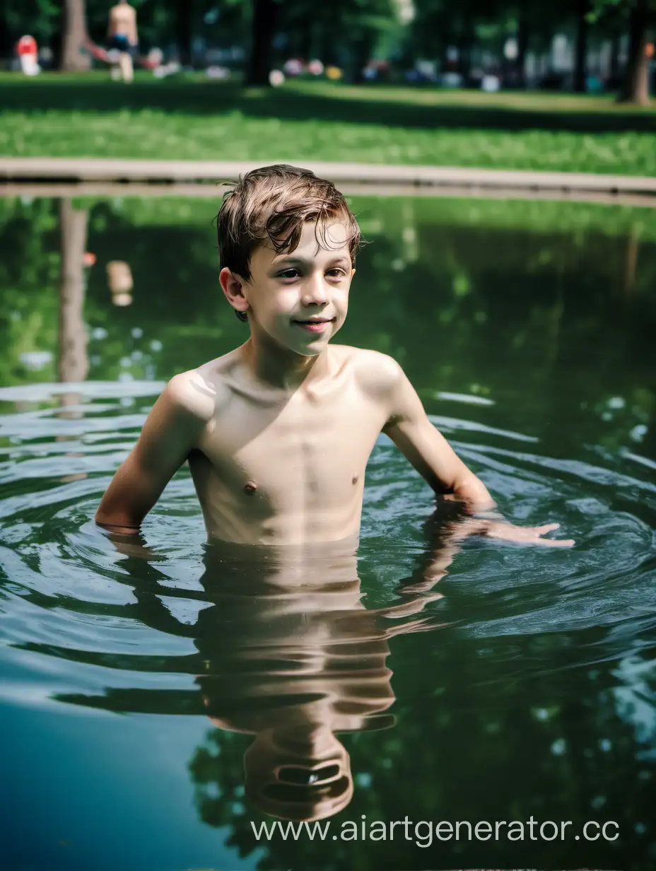 Preteen-Boy-Swimming-in-City-Park-Pond