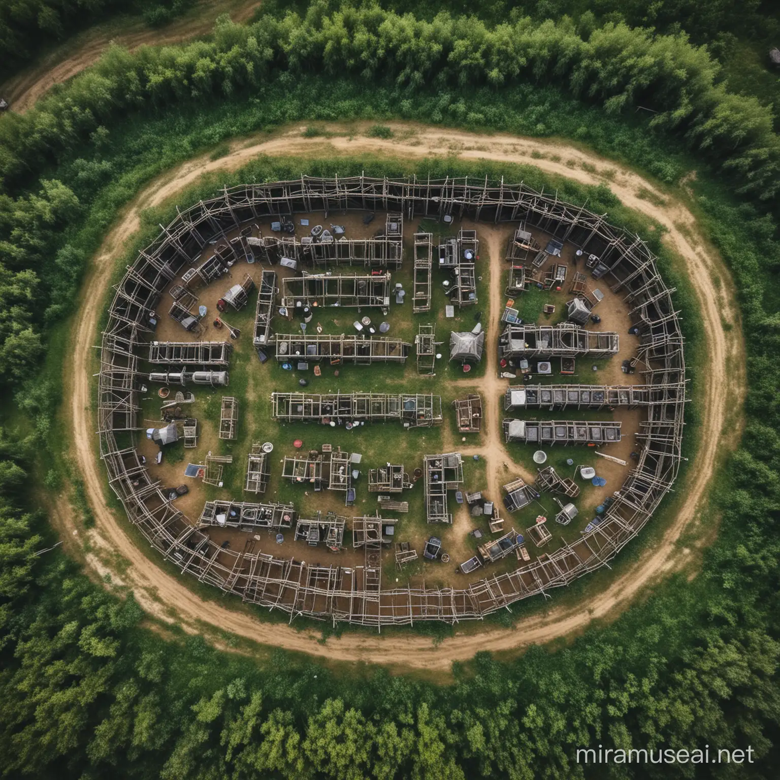 Medieval Villains Camp Aerial View of Captive Cages in the Meadow