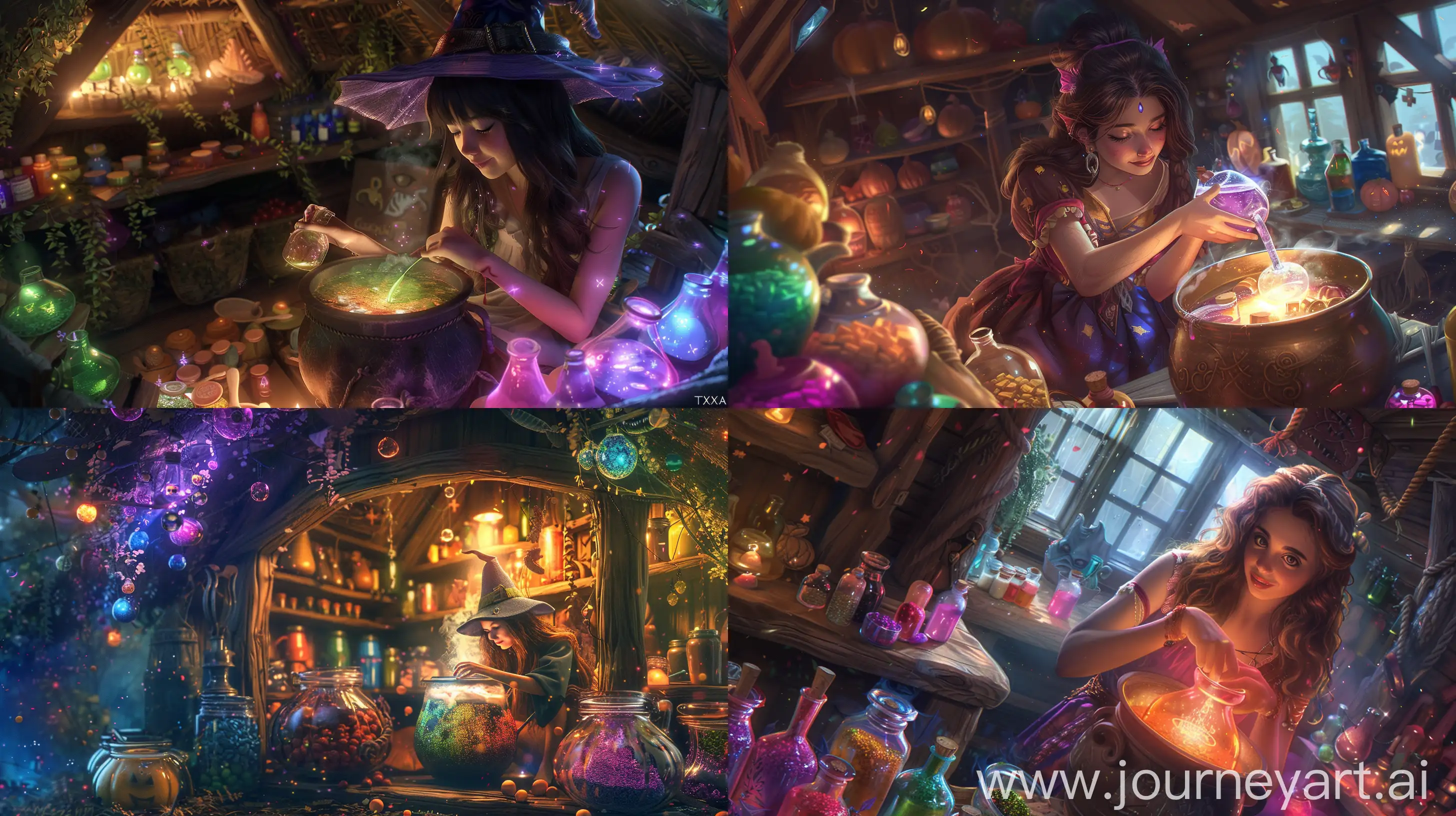 a beatiful young witch brewing a magical potion in a big cauldron. she is in a cozy hut with all kinds of magical potions in all kinds of colors. very detailed, atmospheric lighting. hyperrealistic, canon eos r3, 50mm, cinematic, megapixel cinematic lighting, anti-aliasing, SFX, VFX, CGI, RTX, SSAO, FKAA, TXAA, HDR, 8k --ar 16:9