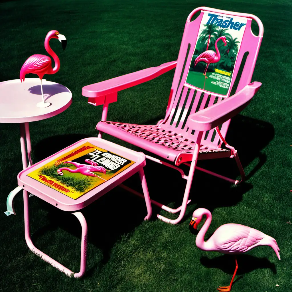 Vintage Pink Lawn Chair with Thrasher Magazine and Flamingo Lawn Decor